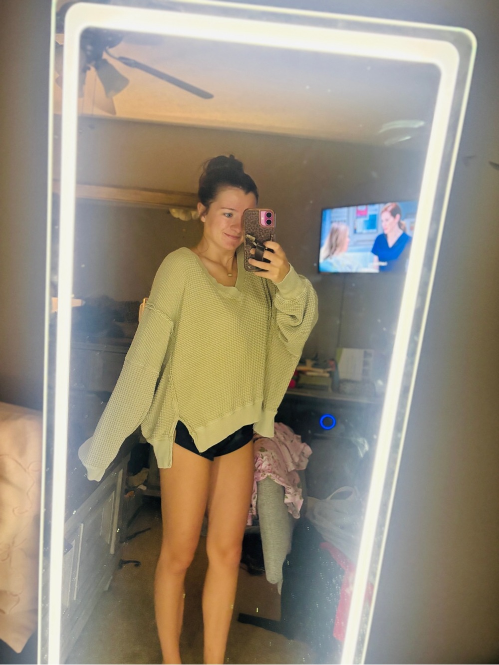 aerie Oversized Waffle-Knit Sweatshirt in Light Sage Green